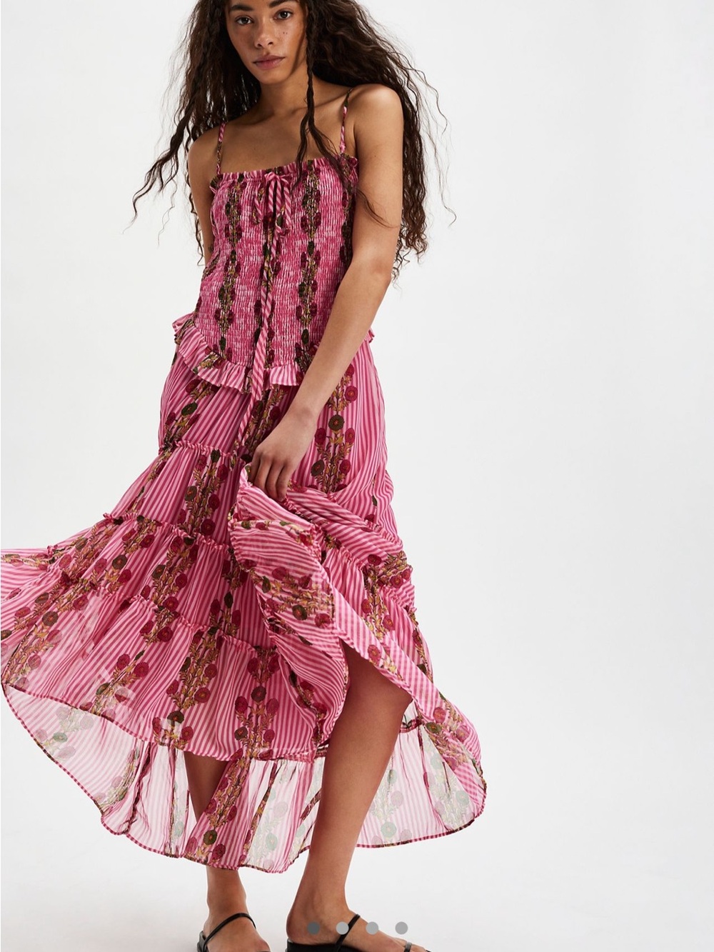 Free People Pink Floral Striped Sundress with Smocked Bodice
